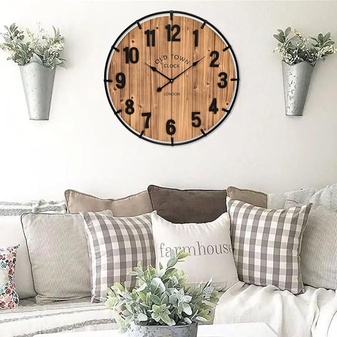 Large Old Town Farmhouse Wall Clock 20 Inches - Rustic Antique Wood with Metal Circle and Large Numerals Silent Battery Operated Wall Clock for Office Kitchen Bedroom Living Room