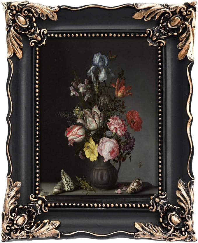 5x7 Vintage Picture Frame with Embossed Flower Design, Black Ornate Frame for 5x7 Pictures, Hand-Crafted Resin Antique Frames for Tabletop & Wall Hanging, Home Decor (Black)