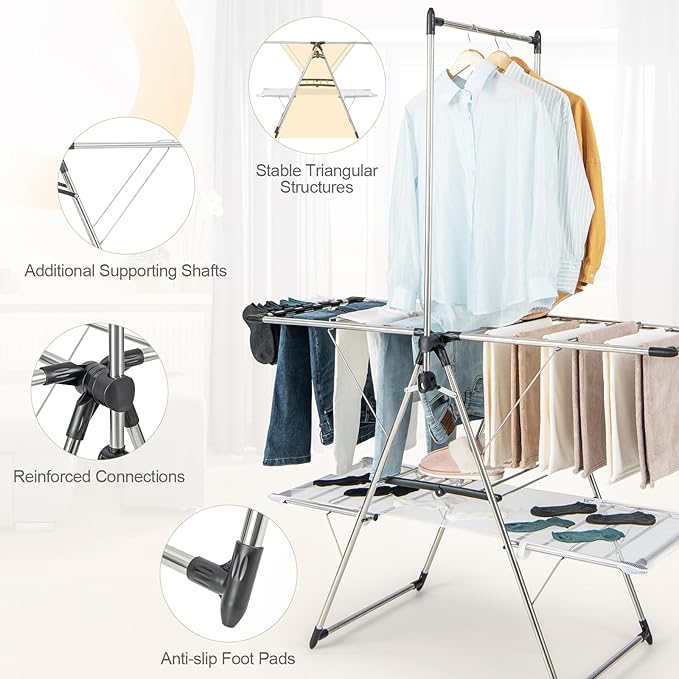 Tangkula Foldable Clothes Drying Rack, 2-Tier Laundry Drying Rack w/Tall Hanging Bar, Height Adjustable Gullwing, Freestanding Garment Stand for Indoor Outdoor Use