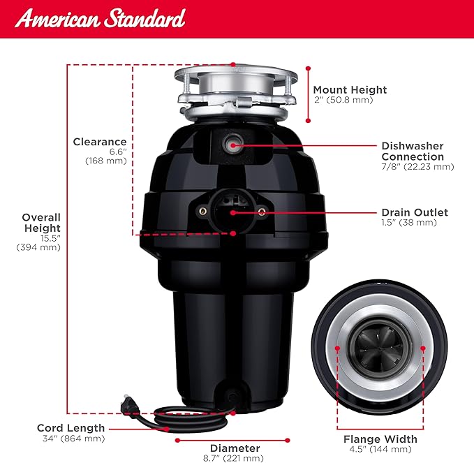 American Standard 10-US-AS-12 Garbage Disposal Anti-Jam Stainless Steel Food Waste Grinding System, Heavy Duty, 1.25 HP, Black
