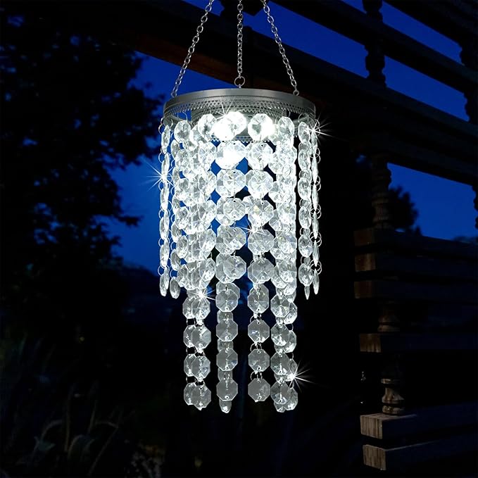 Hanging Solar Lantern Outdoor, 2 Tiers 21” Solar Transparent Acrylic Beaded Chandelier with Cool White LED S Hooks for Garden Yard Patio Gazebo Outside Decor
