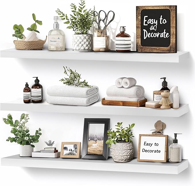 3-Pack Floating Wall Shelves, 24-Inch Rustic White Wooden Shelves for Storage and Décor, Easy Installation for Living Room, Bedroom, and Kitchen