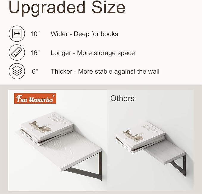 Fun Memories 10 Inch Deep Floating Shelves, White Floating Shelf 16 Inch Long, 16" W x 10" D Wall Shelves Set of 2, Deep Shelves for Books, Wide Floating Shelves for Bahtoom, Living Room, Kitchen