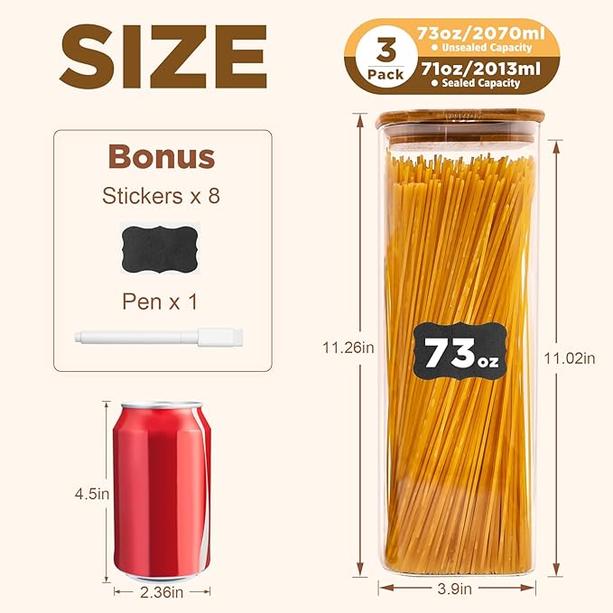 Glass Pasta Storage Jars Square 73oz, 3 Pack Glass Jars With Bamboo Lids, Tall Kitchen Storage Containers For Pasta, Storage For Pantry Organizers