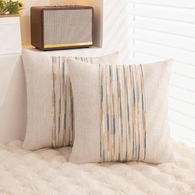 Boho Throw Pillow Covers 18x18 Set of 2 Farmhouse Decorative Cushion Case Striped Square Pillows Cover Chenille Pillow Cases Accent Neutral Pillowcase for Sofa Couch Bed,Yellow-Blue