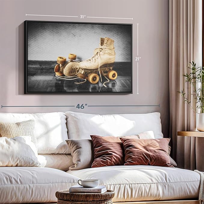 ElephantStock Vintage Skates Pop Wall Art - Horizontal Framed Canvas - 1-Piece Living Room Wall Decor - Sport Photography Canvas Print - Beige and Black Decor for Wall - 31" X 21"