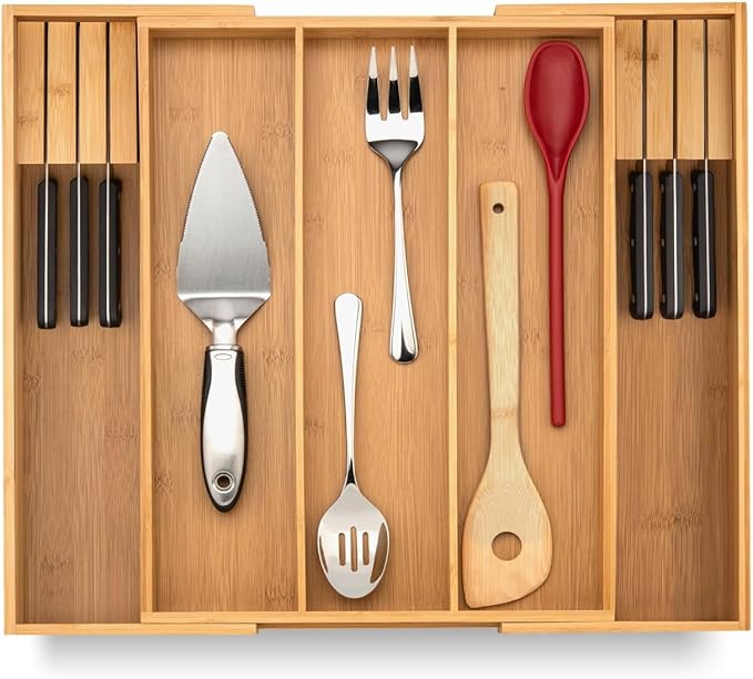 Purawood Kitchen Drawer Organizer with Knife Blocks - Utensil Drawer Organizer for Kitchen, Cutlery Tray & Silverware Organizer, 3-5 Slots - Bamboo Organizer for Utensils & Flatware (Natural)