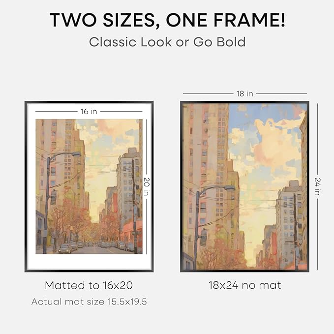 Homeforia 18x24 Poster Frame Black, High End Metal 18 x 24 Picture Frames with Mat 16 by 20 inch Photo, 18x24 Black Frame Matted to 16x20 Print, 24x18 Hanging Frame, Tempered Glass, Wall Kit, Set of 1