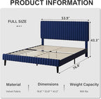Full Size Bed Frame, Velvet Upholstered Platform Bed with Vertical Channel Tufted Headboard and Footboard, No Box Spring Required, Easy Assembly, Blue