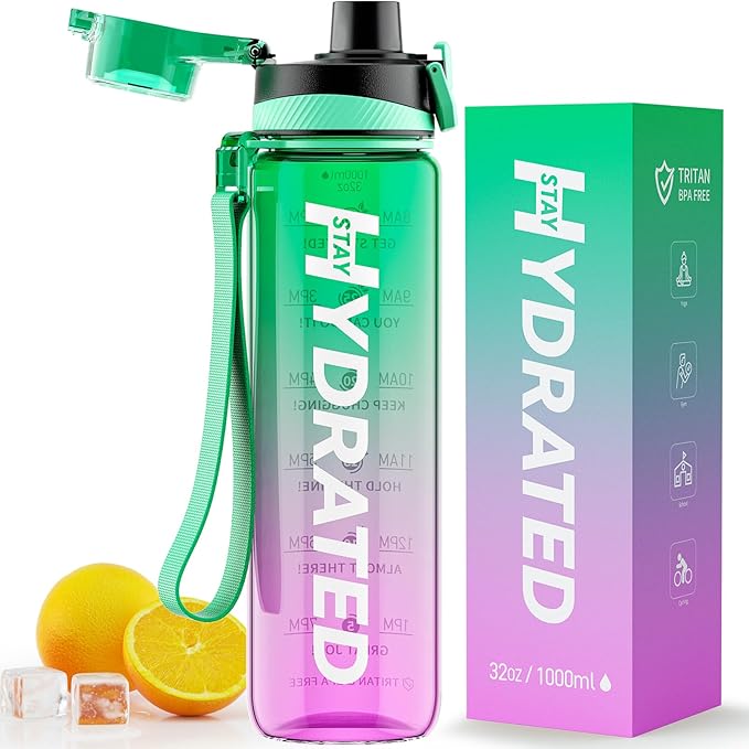 Water Bottle, 32 oz Motivational Water Bottles with Time Marker-Tritan & BPA Free, Sports Water Bottle with Time to Drink & Strap, Wide Mouth, Leakproof -Gift for Christmas Gym Fitness & Outdoor