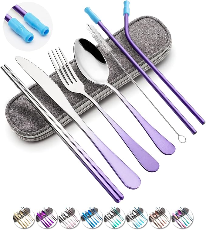 Travel Utensils Set with Case Reusable Portable Cutlery Set Stainless Steel 8pcs Including Dinner Knife Fork Spoon Chopsticks straws (Gradient Purple)