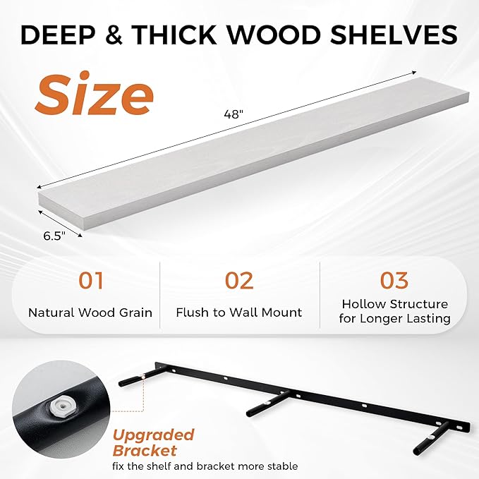 White Floating Shelves for Wall, 48 Inch Floating Shelves for Home Decor, Wall Mounted Rustic Wood Shelves, Bathroom, Hanging Deep Shelf for Bedroom, Living Room, Kitchen, 2 Packs