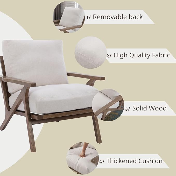 Wahson Mid Century Arm Chair and Ottoman Set, Upholstered Accent Armchair with Wood Frame and Linen Cushions, Leisure Slipper Chair for Living Room/Bedroom, Cream