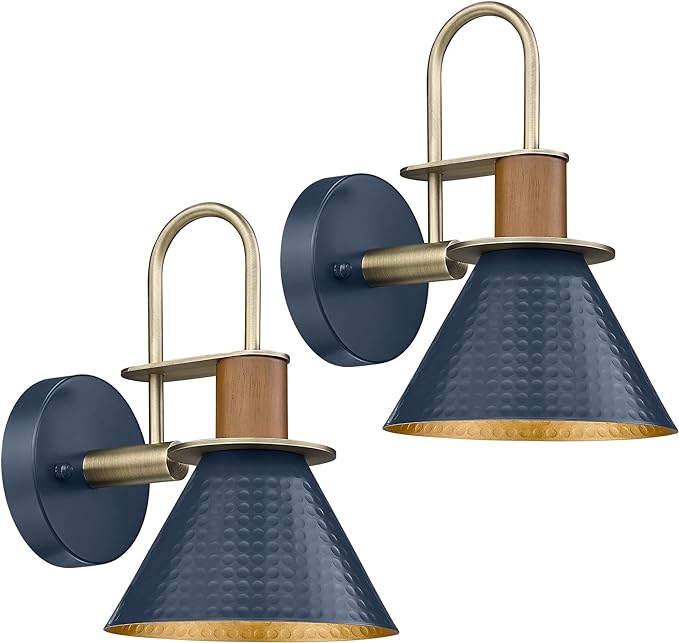 Industrial Wall Sconces Set of Two, HWH Indoor Wall Sconce 1-Light Barn Vanity Light, Gooseneck Wall Lamp for Bathroom Bedroom Bedside Kitchen, Hammered Metal Shade, Navy Blue Finish, 5HZG74B-2 BL+BG