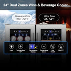Tylza Wine and Beverage Refrigerator 24 Inch Dual Zone, French Door Wine and Beverage Cooler 24'' Built-In or Freestanding Drink Fridge, Under Counter Beer Refrigerator