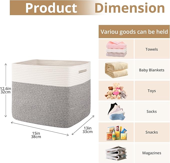 OIAHOMY 13 Kallax Inch Cube Storage Bins, 3-Pack Cotton Rope Woven Baskets for Organizing, Kallax Insert Storage Baskets for Shelves, Baby Nursery, Closet Organizer, 15*13*12.6IN, Grey & White