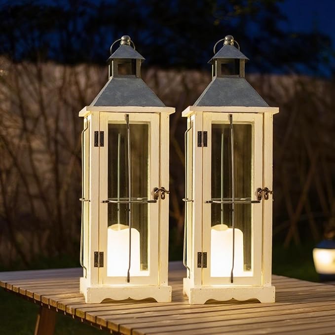 Bdor 2 Pack 26in Farmhouse White Waterproof Wood Metal Decorative Lanterns with Remote Control, Timer, Tempered Glass, Flameless Pillar Candles, Decorative Lanterns for Front Porch, Wedding