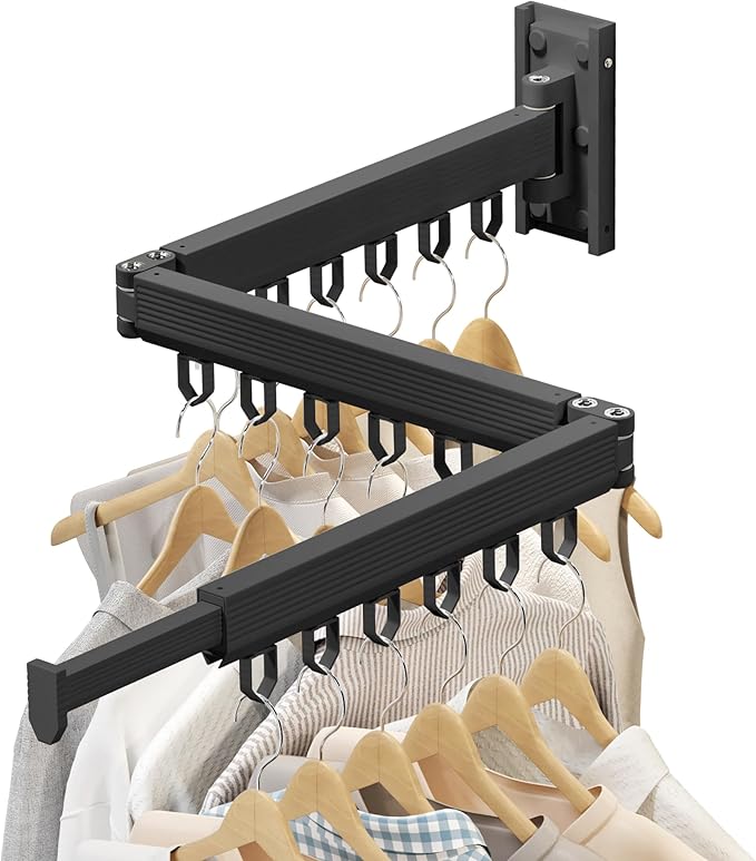 Wall Mounted Clothes Drying Rack, Retractable & Collapsible, Foldable Black-Ring Laundry Hanger