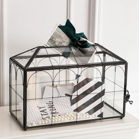 Wedding Card Box with Slot, 12.6'' Large Glass Card Boxes for Reception, Black Geometric Holder, Clear Decorative Storage Box with Lock for Baby Shower, Birthday Party, Christmas, Bridal Shower