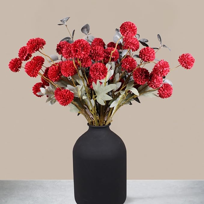 Burgundy Flowers, Maroon Artificial 10 Long Stems + Eucalyptus, Wine Colored Silk Flowers for Burgundy Decor, Fall Table Centerpieces, Dark Red Faux Mums, Thanksgiving Centerpieces For Tables