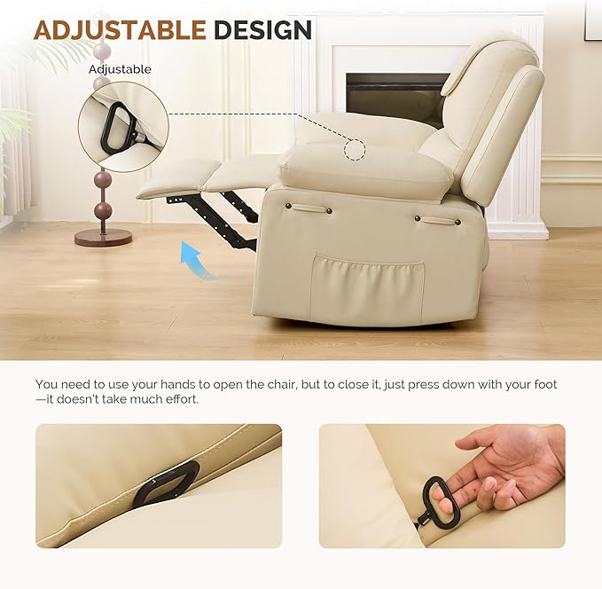 Recliner Chair with Electric Massage Adjustable Footrest & Heat, Manual Leather Recline for Adults Living Room Remote Control (Beige)