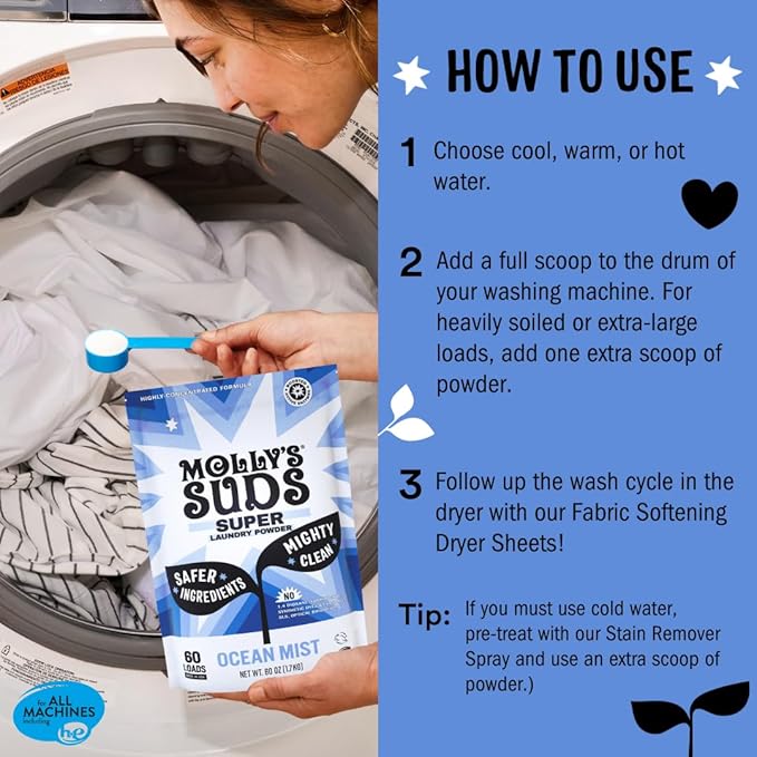 Molly's Suds Super Powder Detergent | Extra Strength Laundry Soap, Stain Fighting | Sensitive Skin | Simple, Effective Ingredients | Ocean Mist, 120 Loads Total (2 Pack)