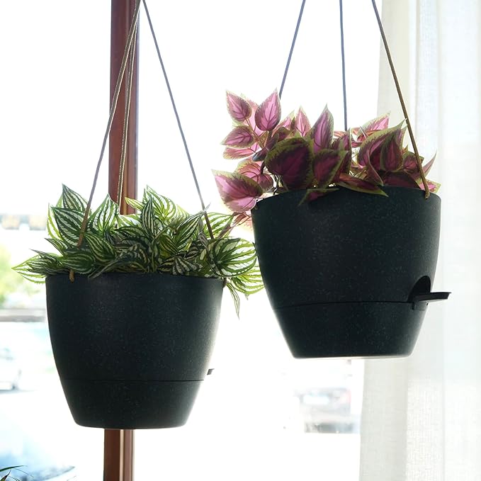 10 Inch Self Watering Hanging Pots, 2 Pack Hanging Planters with 40oZ Deep Reservior for Indoor Outdoor Plants Flowers, Black Speckles