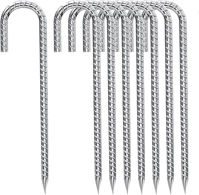 J-Hook-Rebar-Stakes-12 Inch, Ground Stakes Heavy Duty Rebar Stakes for Camping 8pcs Rebar Stakes Rust Proof Coated Metal for Flower Gardens Dog Fence Camping Tents Chicken Coop