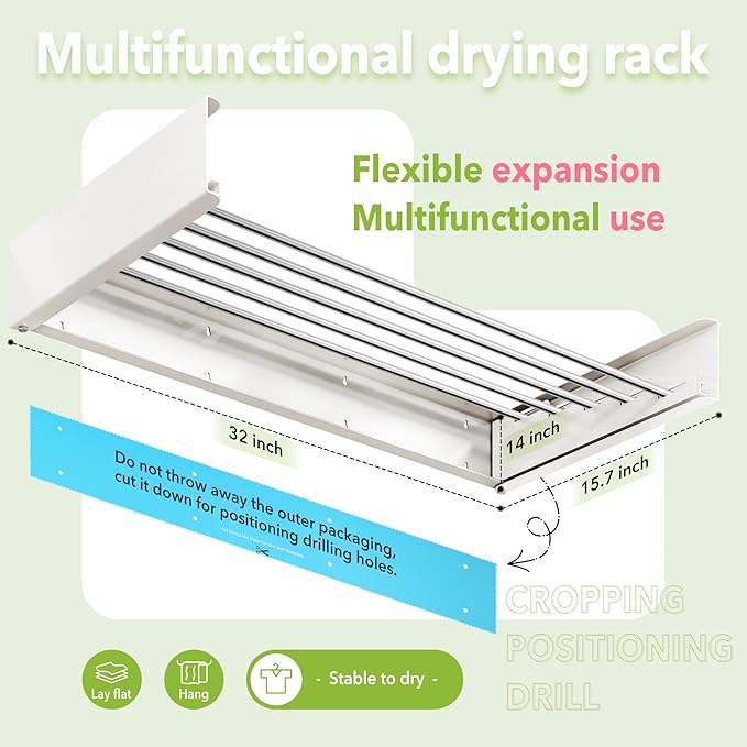 Wall Mounted Clothes Drying Rack 32 inches,Foldbale Laundry Drying Rack Wall Mount,Drying Rack Clothing Space Saver,Retractable,Collapsible,Folding Laundry Rack,White