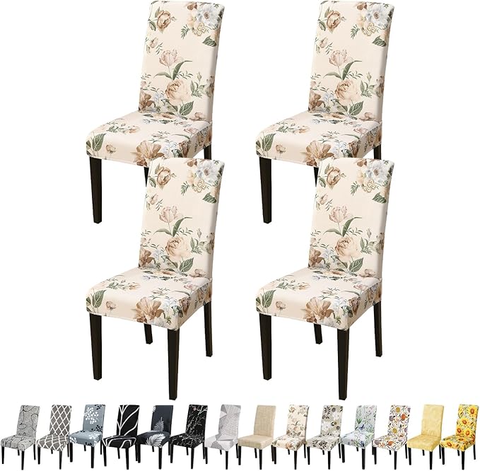 JQinHome Pattern Chair Covers for Dining Room Set of 4, High Stretch Removable Washable Parsons Chair Slipcover for Home Party Hotel Wedding Ceremony (Peony Flower,4PCS)