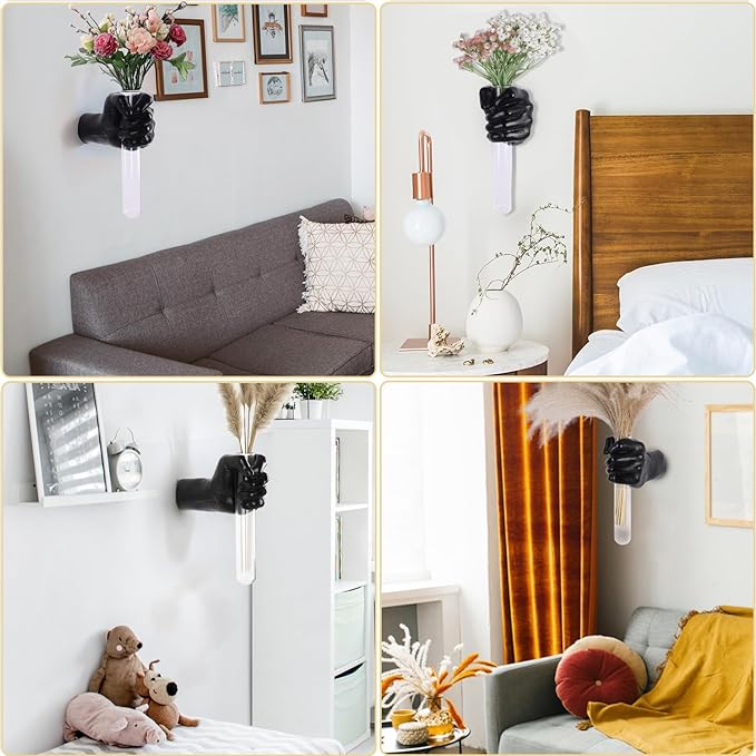 Black Wall Sculptures, Hand Vases Home Decor, Wall Mount Art Sculpture, Unique Wall Art Statue, Funky Flower Vase Decorations, Modern Eclectic Hanging Decor,Glass Test Tube Vase