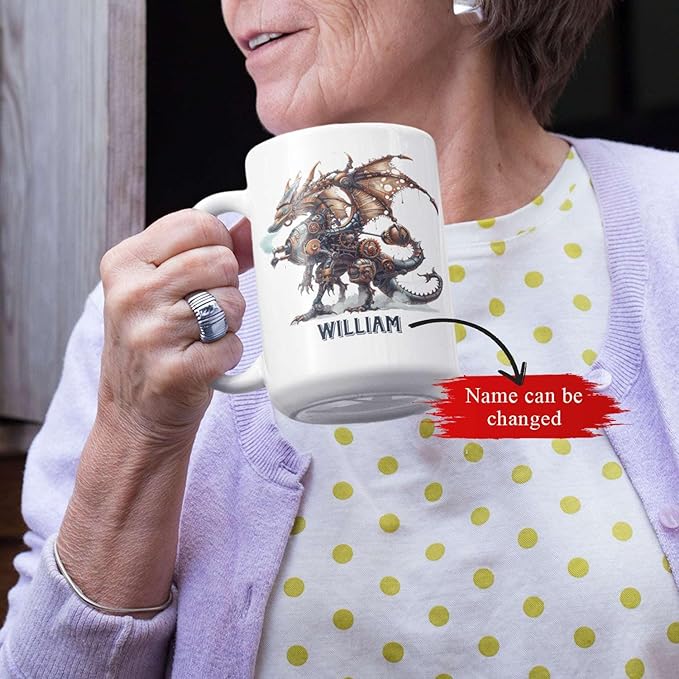 Personalized Name Dragon Lover Ceramic Mug 15oz, Custom Mechanical Dragon Design Coffee Cup, Unique Dragon Mug Gift For Fantasy Enthusiasts, Customized Kid Cup On Birthday, Holiday