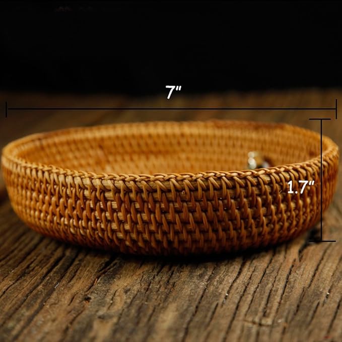 Hadewoven Round Rattan Fruit Basket Wicker Food Tray Weaving Storage Holder Dinning Room Bowl, 7”Decorative Natural Basket Woven Fruit Basket Bowl for Entryway Table, Countertop (Small 7”)