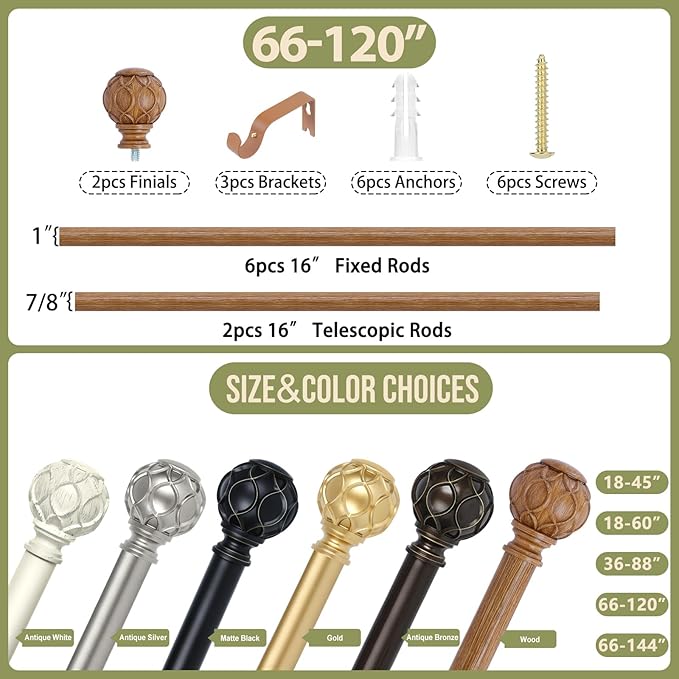 Wood Curtain Rods for Windows 66 to 120 Inch(5.5-10ft),1 Inch Adjustable Curtain Rod,Heavy Duty Curtain Rods,Wooden Netted Texture Drapery Rods,Single Window Curtain Rod 66-120",Brown Wood