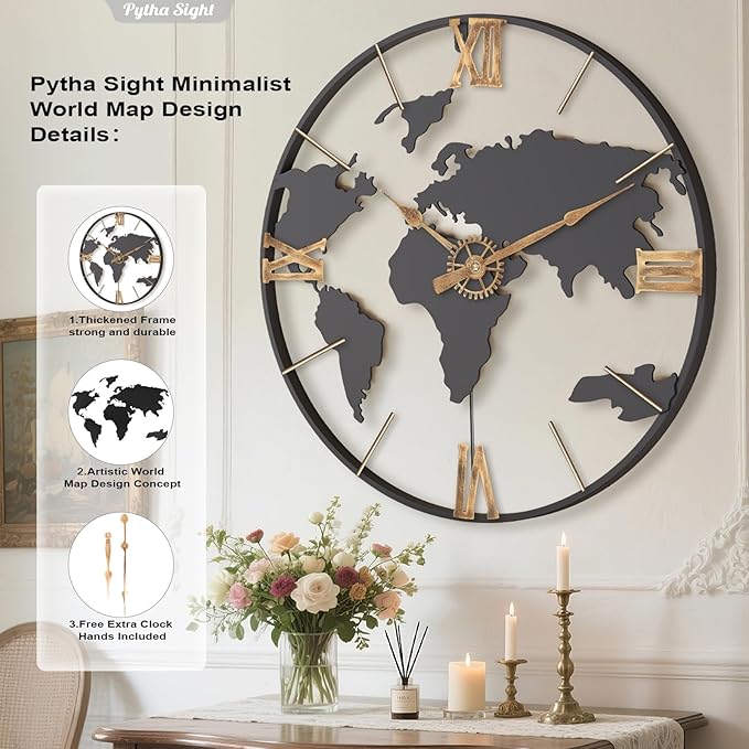 30 Inch Large Modern Decorative Metal World Map Wall Clocks Giant Extra Vintage Gold Roman Numeral Oversized Wall Clock for Living Room,Office,Dining Room,Entryway,Fireplace