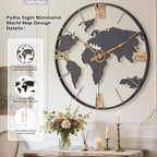 24 Inch Large Wall Clock,Modern Decorative Big World Map with Vintage Gold Roman Numeral Extra Giant Metal Oversized Wall Clocks for Living Room,Office,Kitchen,Dining Room,Bedroom