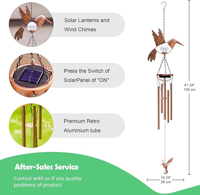 Wind Chimes Outdoor Indoor Decor: Birthday Gifts for Mom Grandma - Outside Lights for Garden Yard Patio Porch (Hummingbird)