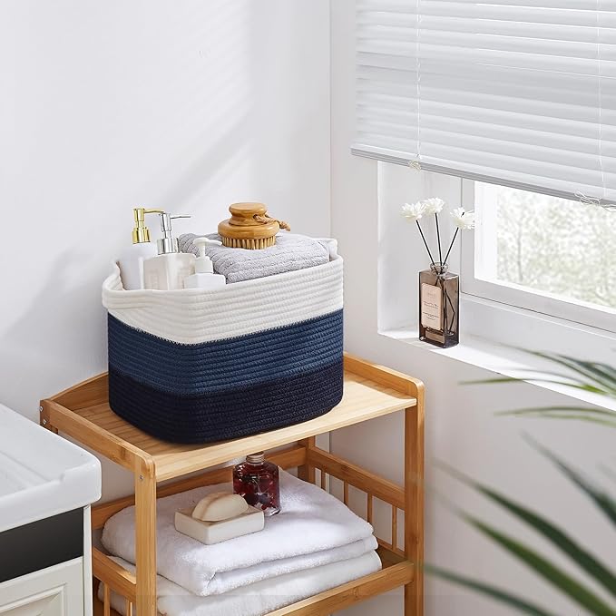 Storage Basket for Organizing, Woven Baskets for Storage, Rectangle Decorative Baskets for Shleves, Closet, Toys, Books, Nursery Organizer Bins - Pack of 3 (Gradient Blue)