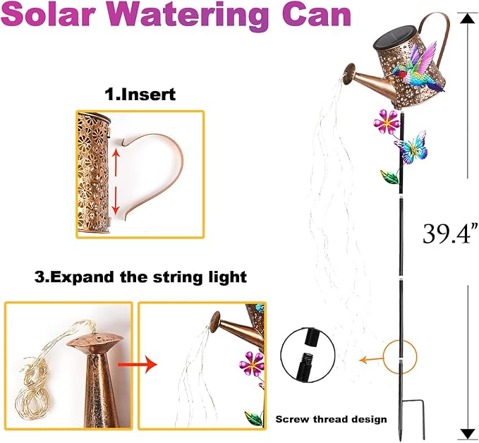 Solar Lights Outdoor Decorative,Metal Solar Watering Can Lights with Hummingbird, Waterproof Garden Stake for Yard Lawn Patio Pathway Landscape