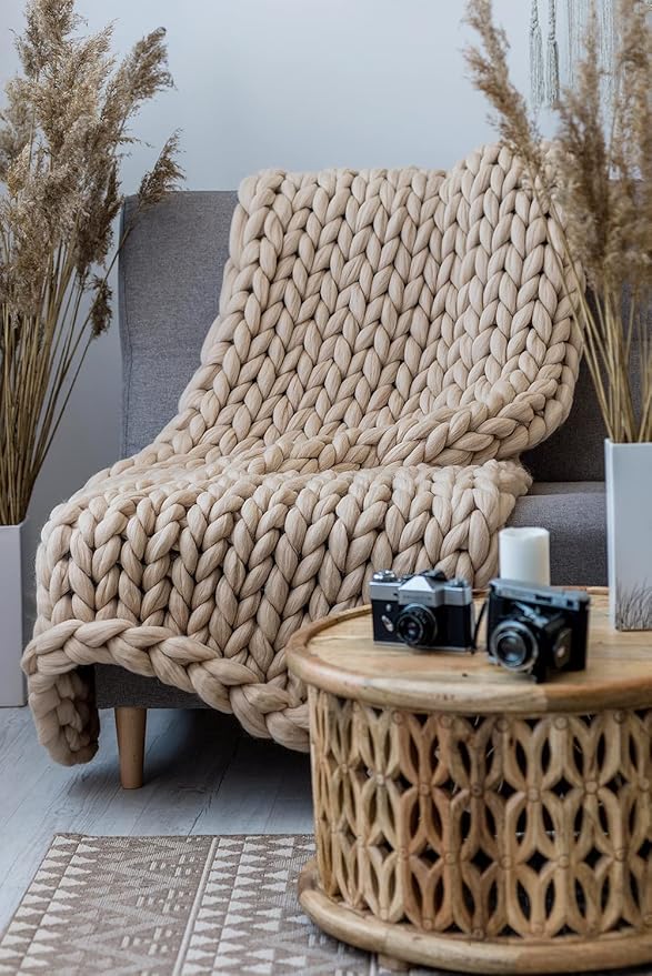 Knitted Throw Blanket for Sofa,Handmade Knit Chunky Blanket Throw Sofa Throw for Gift Sofa Bed,Chunky Knit Blanket(Camel 40 inch x60 inch ),100x150 cm