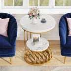 Tribesigns Gold Round End Table: 2 Tiers Faux Marble Side Table with Storage Shelf, Modern White Gold Bedside Nightstand, Metal Arc-Shaped Frame Accent Table for Living Room, Bedroom