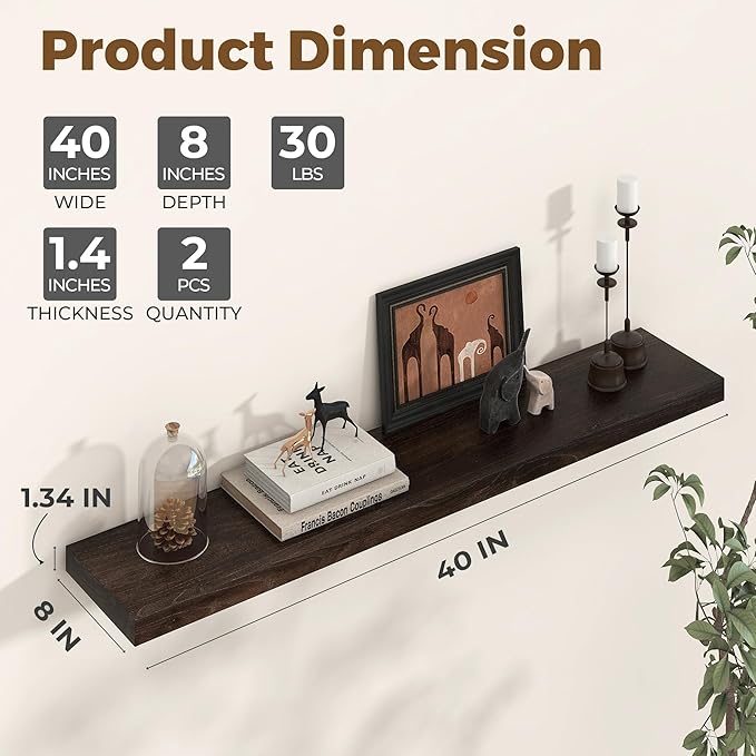 Axeman Floating Shelves for Wall - 40''W x 8'' D Rustic Solid Elm Wood Shelves for Storage, Wall Mounted Display Shelving with Invisible Heavy-Duty Metal Bracket (Walnut, 2PCs)