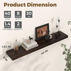 Axeman Floating Shelves for Wall - 40''W x 8'' D Rustic Solid Elm Wood Shelves for Storage, Wall Mounted Display Shelving with Invisible Heavy-Duty Metal Bracket (Walnut, 2PCs)