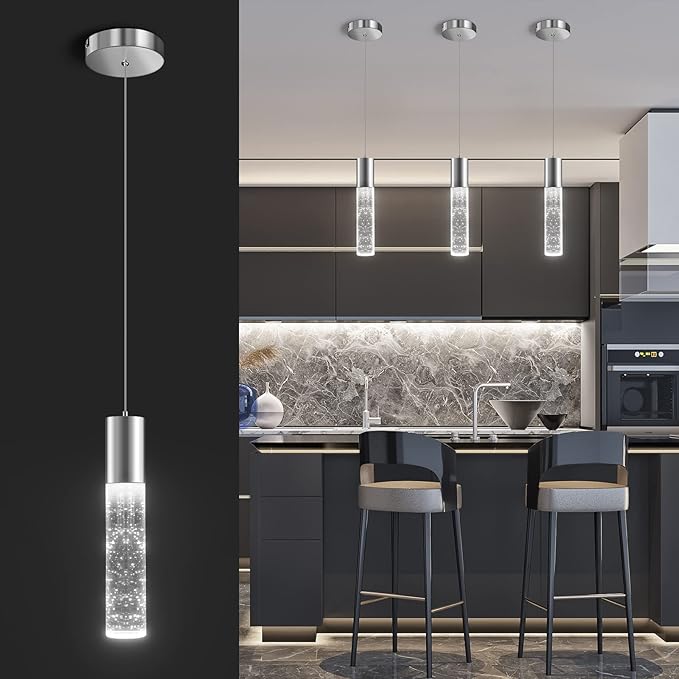 OKELI Pendant Lights Kitchen Island 1 Pack, 6000K Modern LED Bubble Crysta Pendant Light, Chrome Mini Single Island Lights Hanging Lighting for Dining Room, 6W, ETL