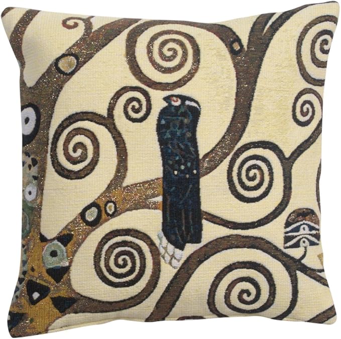 C Charlotte Home Furnishings Inc Lebensbaum Bird Belgian Cushion Cover | Pure Cotton Decorative Cushion Case | Cushion Cover for Indoor Use | 17x17 Inch Cushion Cover for Living Room I By Gustav Klimt