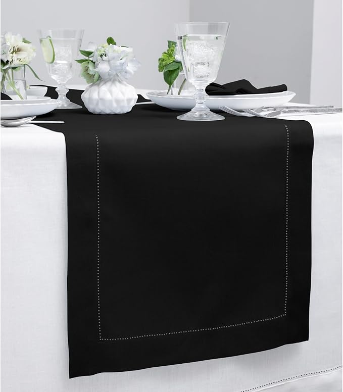 Solino Home Linen Black Table Runner 90 Inches Long - 100% Pure Linen Hemstitch 14 x 90 Inch Table Runner for Dining, Fall, Autumn, Halloween, Thanksgiving - Classic Hemstitch