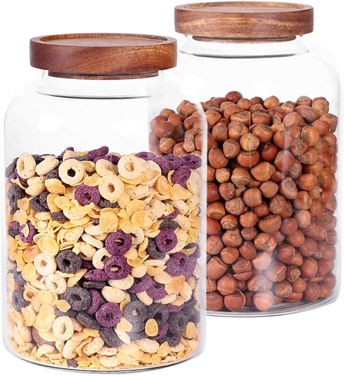 Thicken Glass Storage Jar, Food Storage Container/Canisters with Airtight Wooden Lid for Tea, Coffee, Honey, Cacao Powder,BPA Free Perfect as a Cereal Dispenser (7.6inch 2pcs)