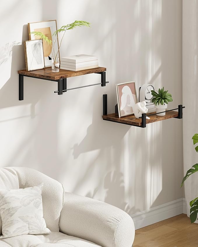 Deep Floating Shelves for Wall, 12 inch Wall Mounted Shelves Set of 2, Wide Floating Shelves for Living Room, Bedroom, Study, Bathroom, Rustic Brown and Black TBJ02P2BF