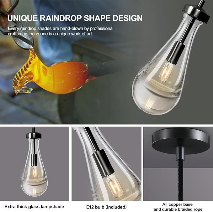 Modern Raindrop Pendant Lights Set of 3, Pendant Lights Kitchen Island 3 Pack, Matte Black Pendant Lights for Bedroom Bathroom, Chandelier for Living Room Hallway, Bulb Included