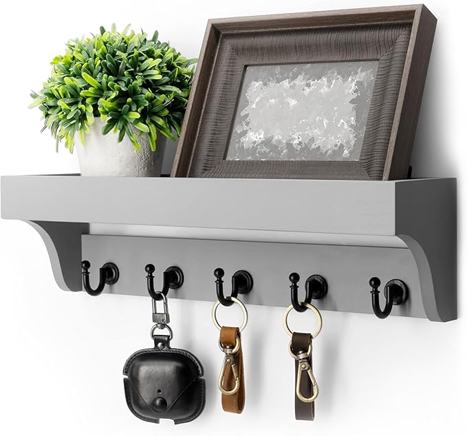 Rebee Vision Decorative Key Holder for Wall - Modern Farmhouse Wall Mount Mail Organizer Keys Hanger with Floating Shelf, 5 Rustic Key Hooks for Entryway Home Decor (Gray)